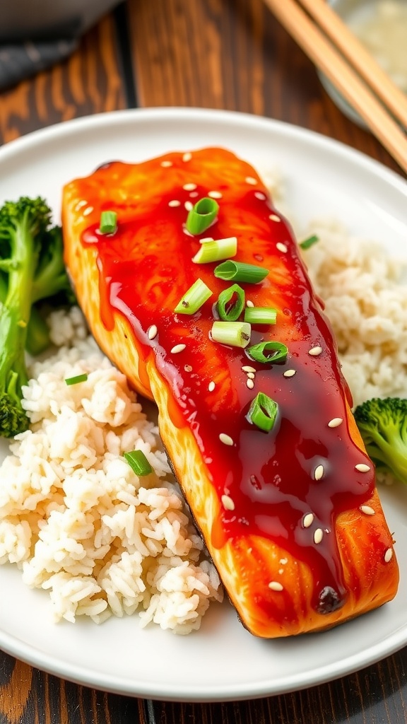 Easy Honey Glazed Salmon for Busy Weeknights Honey glazed salmon fillet on a white plate with rice and broccoli, garnished with green onions and sesame seeds.